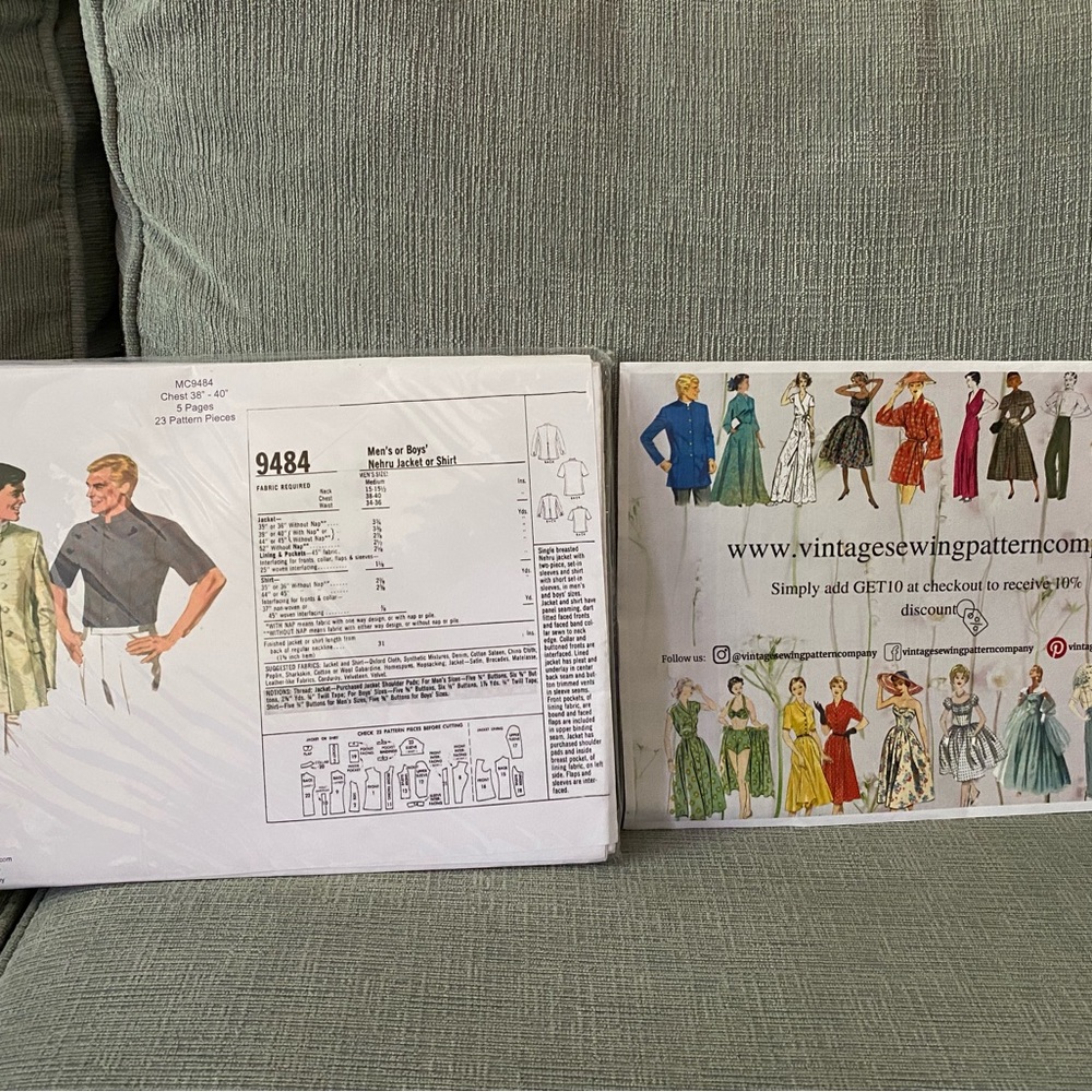 Men’s or Boy’s Nehru Jacket or Shirt Pattern - NEW